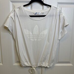 Adidas White Cropped Tie Bottom Tee with Striped Shoulder Details Size 34 (XS-S)